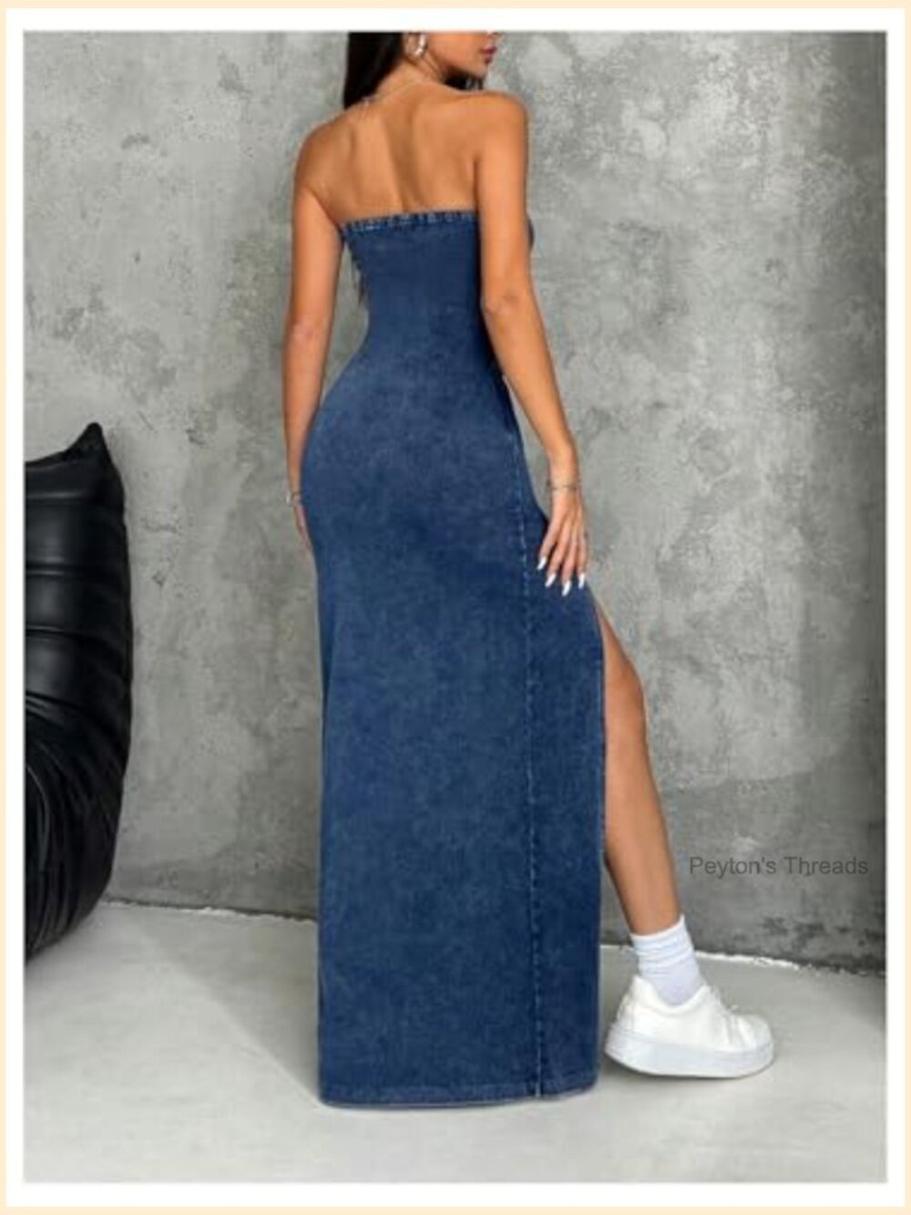 Strapless Denim Tube Dress Bodycon Maxi High Slit - Picture 3 of 5